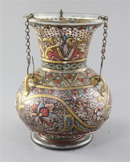 An Islamic painted glass mosque lamp, Ottoman, late 19th / early 20th century, height 21.5cm